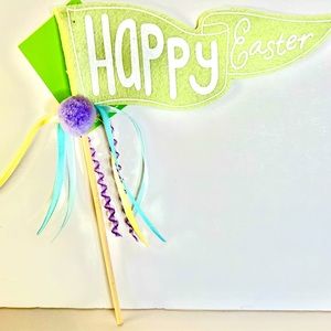 Mini Sage Green Happy Easter Felt Flag with Pompom Ribbons Basket Wand Decor